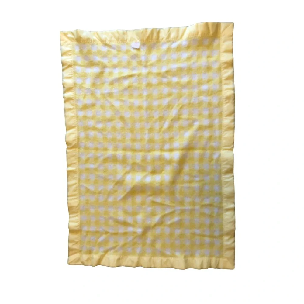 Vintage Chatham Baby Blanket Yellow White Gingham Plaid Check Acrylic Trim